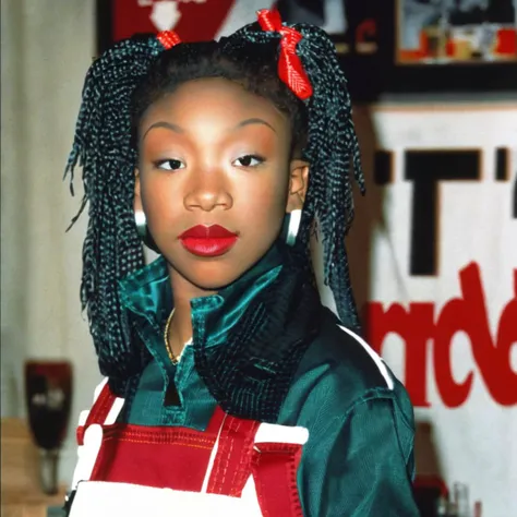 a 1995s album cover, with a photo of brndi,  <lora:brndiXL:1> brndi, brndi close up, brndi 16 years old, ((album cover title: "Brandy":1.1)) ((depth of field:1)), brndi in focus,, wearing red overalls ,, with a hockey jersey underneath the overalls , ALBUM COVER