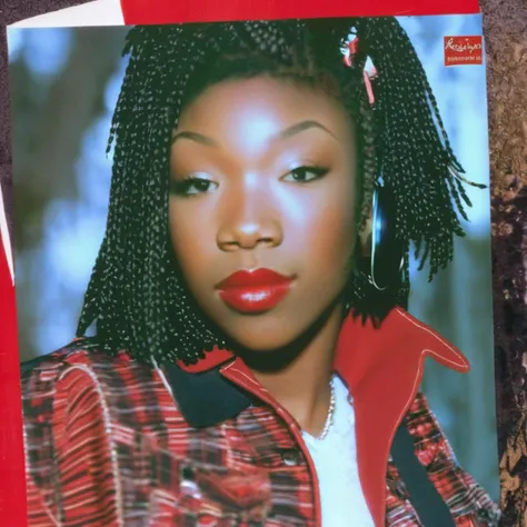a 1995s album cover, with a photo of brndi, <lora:brndiXL:1> brndi, brndi close up, brndi , ((album cover title: "Brandy":1)) ((depth of field:1)), brndi in focus,, wearing red overalls ,,
