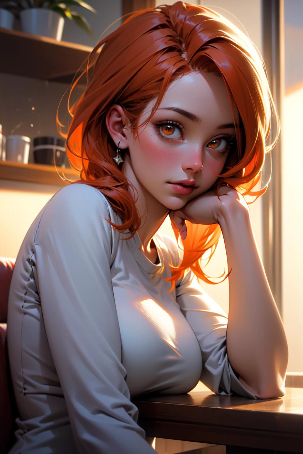 (masterpiece, best quality, highres, high resolution:1.2), extremely detailed, realistic, intricate details, young woman, orange eyes, orange hair, eyessmall breasts:0.5, (soft lighting, sunlight, volumetric), at a coffee shop, sitting at table, shirtlift, looking at viewer, various poses, dynamic angles depth of field, cold winter day,