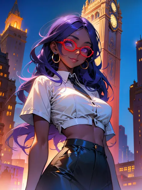 1girl, Senegalese,
solo, (mature woman), ((dark skin: 1.3))
Large, perfectly round glasses with black rims.
She smiles. Her eyes are large, with long eyelashes and purple eyes.
Cityscapes with illuminated buildings.
Crop Tops and High-Waisted Skirt.
<lora:DreamGlow:0.8>