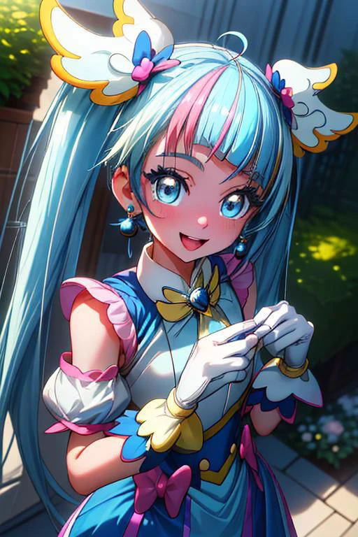 (master piece, best quality, high resolution, ultra detailed, digital art, game CG, extremely detailed CG, 8k, official art, super detailed skin, beautiful detailed face, beautiful detailed eyes, perfect anatomy, perfect hands, perfect fingers:1.3), (1woman, face focus, close up face, face macro, looking up, from above), depth of field, dramatic lighting, cinematic lighting, (1woman is cure_sky_hirogaruskyprecure), sunny place, (in the garden:1.3), beautiful woman, white wing head dress, hair wing ornament, bow, (yellow bracelet, white fingerless gloves:1.25), (big blue bright eyes, gentle eyes, upward glance, puppy dog face, bright eyelashes), (twintails, light blue hair, very long hair, gradient hair, ahoge, blunt bangs:1.2), (pink hair), corset dress, white sleeveless sweater, blue skirt, (puffy detached sleeves), (oneside blue cape with red lining:1.25), shiny face, joy, happy smile, (one blue earring, single earring), (peace sign, selfie:1.1), narrow waist, gleaming skin, make up, eyeshadow, blush, open mouth, on the terrace, summer, beautiful appearance, emphasizing gal