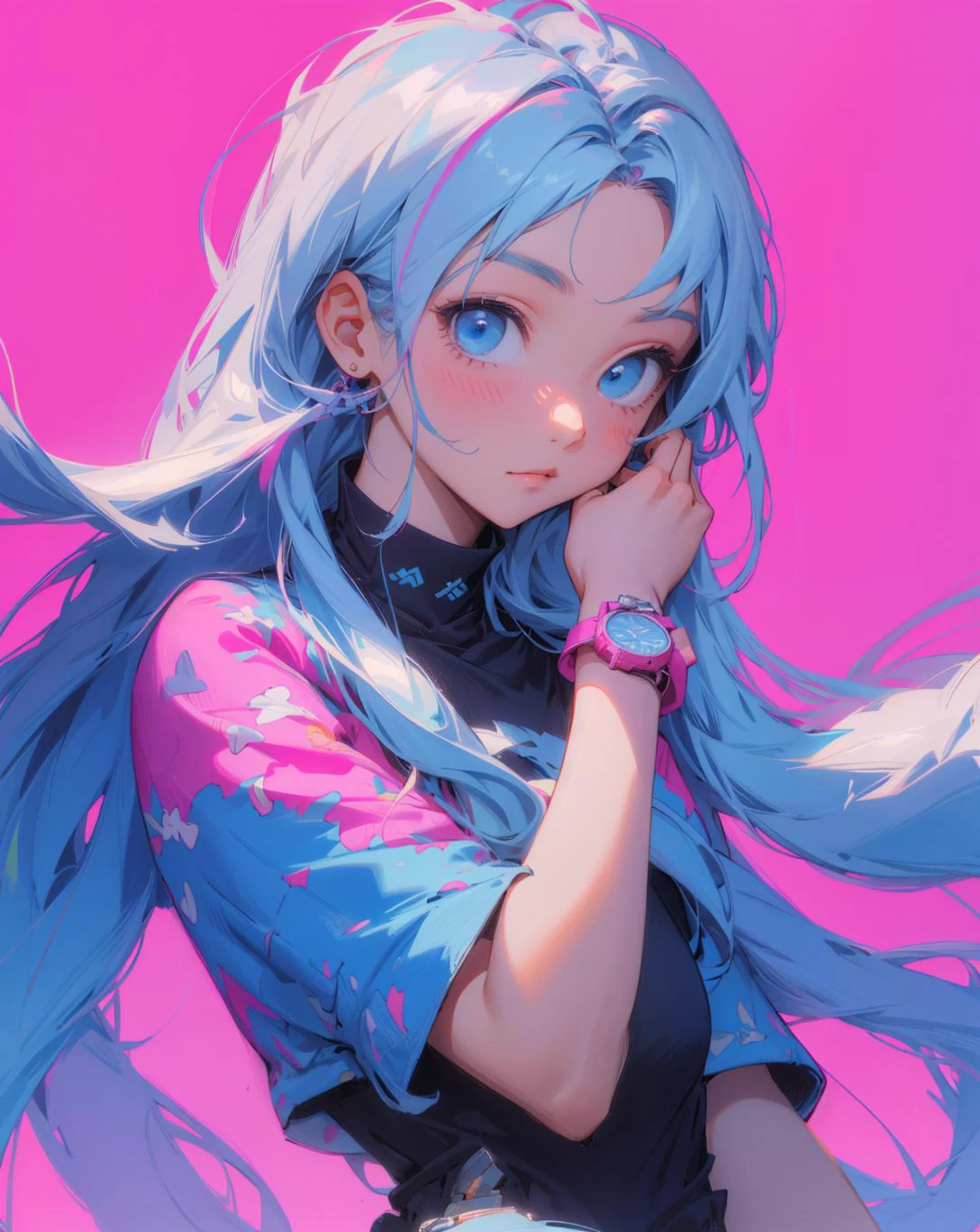 a girl with long hair and a watch on her wrist looking at the camera with a pink background and a blue sky, Constant, vaporwave colors, a character portrait, synchromism