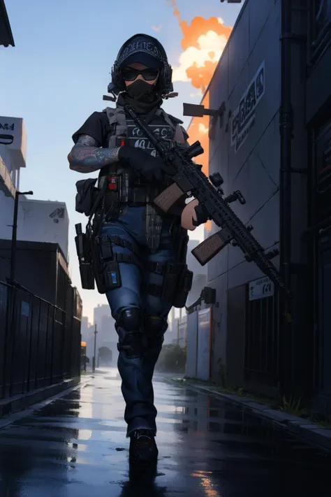 1girl,solo,(full body:1.3),outdoors,cityscape,<lora:0298 British counter-terrorism police_v1:1>,ruanyi0298,mouth mask,sunglasses,hat,holding weapon,m4 carbine,ar-15,arm tattoo,headset,police uniform,aiming,(firing at viewer:1.4),one knee,, (masterpiece, best quality, hires, high quality, by professional artist, ultra detailed, extremely detailed, absurdres, incredibly resolution:1.2), good hands, perfect hands,