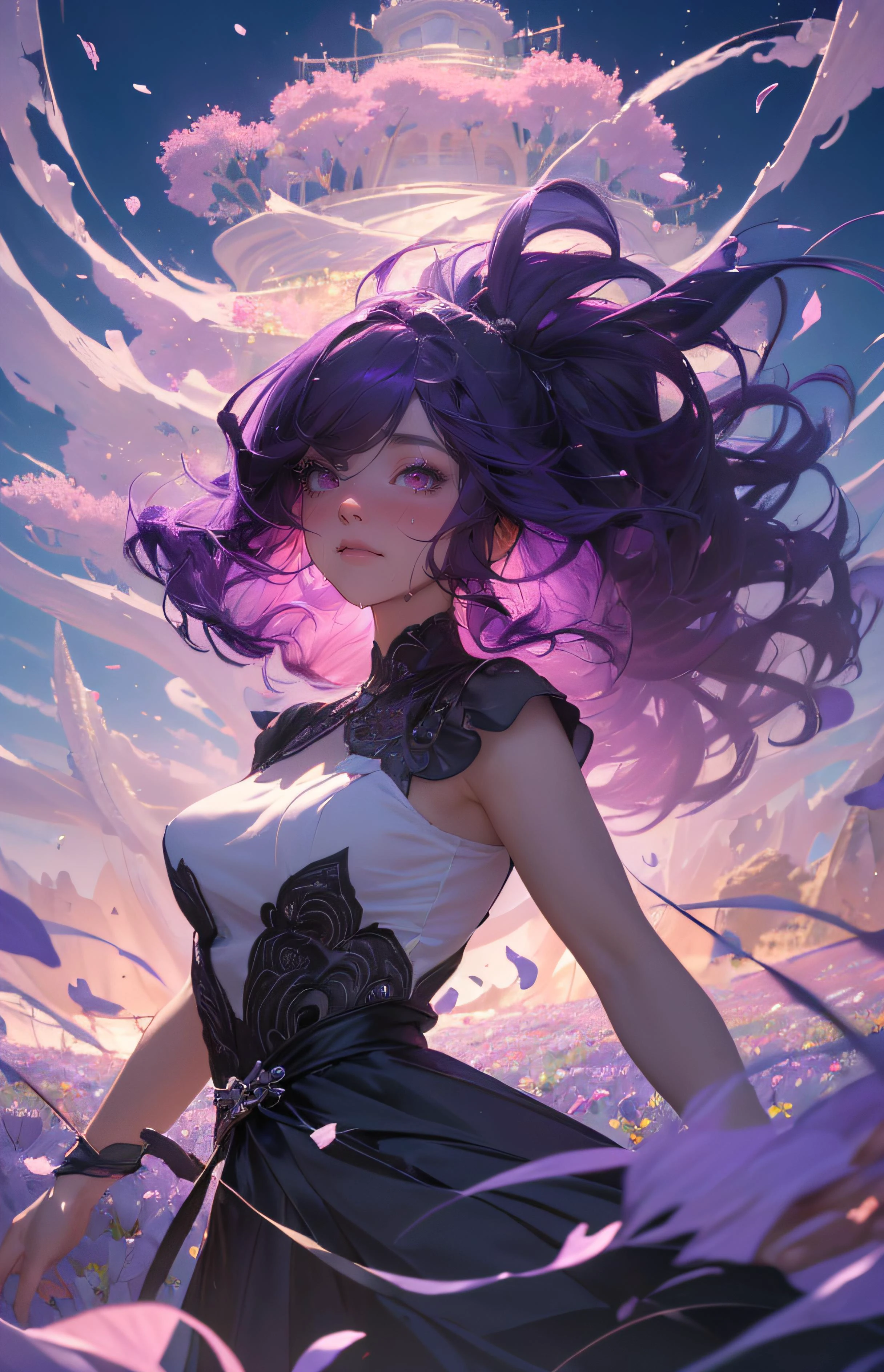 (masterpiece, best quality, hires, high quality, by professional artist, ultra detailed, extremely detailed, absurdres, incredibly resolution:1.2), Upperbody Portrait, 1girl, Wavy Cut, Midnight Purple Colored Hair, Petite Breasts, Strolling through a surreal meadow of oversized flowers, where petals tower overhead, creating a whimsical landscape straight from a dream