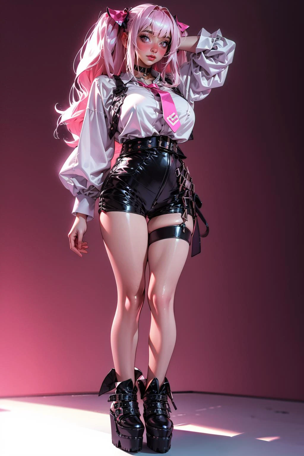1girl,solo,medium breasts,outdoors,<lora:GoodHands-beta2:1>,(full body:1.2),<lora:0192 Nikke Uni_v1:0.9>,ruanyi0192,belt,black choker,black shorts,hair ornament,harness,platform footwear,single leg pantyhose,thigh strap,pink necktie,pink ribbon,thighhighs,white shirt,twintails,, (masterpiece, best quality, hires, high resolution:1.2), (extremely detailed, realistic, intricate details, highres), 3d, cg, bbw, shiny skin, , blush,, eyeliner, eyeshadow, eyelashes,, (gigantic breasts, saggy breasts:1.1), (cinematic lighting, sunlight, volumetric), looking at viewer, simple red background, vintage fantasy, 1960s \(style\), film grain,