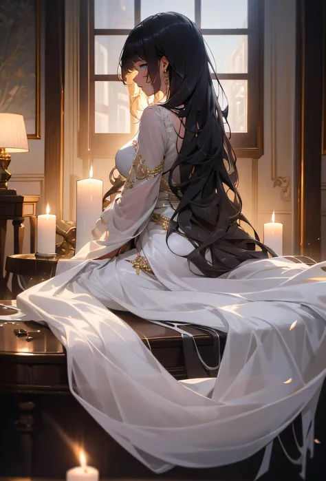 epic composition, a beautiful woman sits on a velvet couch in a dimly lit room, surrounded by flickering candles. Her long, flowing hair cascades down her back in soft waves, and her eyes are closed as she enjoys a moment of solitude. She wears a delicate silk gown, and the fabric glimmers in the candlelight. A vase of freshly cut flowers sits on the coffee table in front of her, filling the air with a sweet fragrance, (masterpiece, best quality, hires, high quality, by professional artist, ultra detailed, extremely detailed, absurdres, incredibly resolution:1.2)