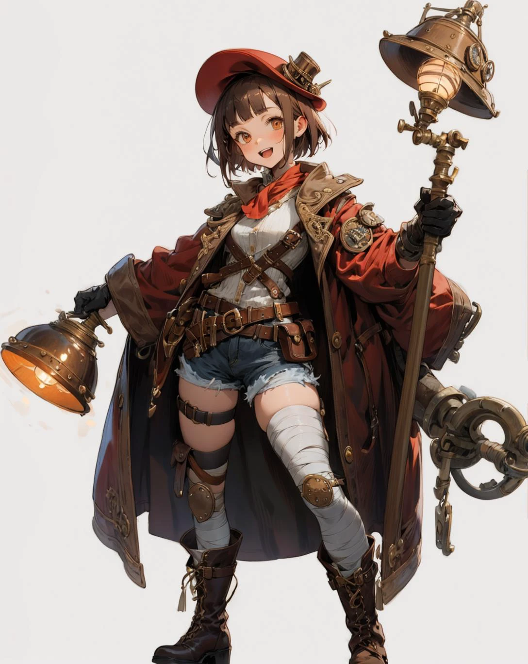 steampunk, concept_art, 1girl, holding_long staff, and a lamp, full_body, open_mouth, looking_at_viewer, standing, smile, red_clothes,
brown_eyes, brown_hair, short_hair, blunt bangs, hat, bandaged_arm, bandaged_leg, bandages, belt, boots, shorts, brown_gloves, gloves
white_background, simple_background,