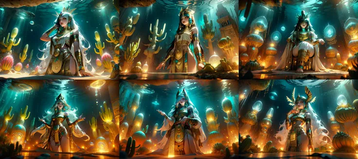 (otherworldly, otherworldly atmosphere, otherworldly appearance), highly insanely detailed, masterpiece, top quality, best quality, highres, 4k, 8k, RAW photo, collar, earrings, jewelry, necklace, armlet,
(long_hair, long hair, random colors cloth, random colors hair, random long hair, dynamic hair, glowing hair, hair over one eye),
(eyelashes, eyeliner, eyeshadow, eyelashes),
pink lipstick,
natural makeup,
((ancient egyptian theme:1.2)), golden ornaments,
1girl, (portrait:0.4), nsfw,
((desert, Mexico, cacti, underwater)),
Middle Earth,
long messy hair,
1girl, (from below),
a large fantasy dwarf settlement underground, magical lights, forge and furnace,
(moss vines),
<lora:underwater-mandala-style-darquelilly-v1:1>, umstyle, tree, mandala, (fantasy world)