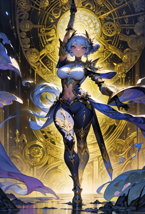The Ultimate Warrior Princess stands tall in the center of the image, exuding strength and grace. Clad in ornate armor and wielding a diamond-encrusted sword, she is surrounded by fantastical scenery rendered in hypermaximalist detail. The artwork fuses elements of Art Nouveau, Baroque, and Rococo in a groundbreaking and breathtaking masterpiece that inspires a sense of awe and wonder, (masterpiece, best quality, hires, high quality, by professional artist, ultra detailed, extremely detailed, absurdres, incredibly resolution:1.2)