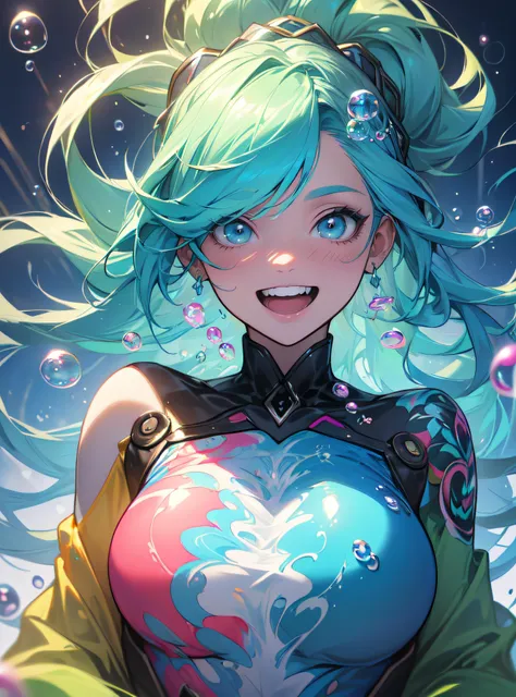 1girl, laughing, surrounded by colorful water bubbles, (masterpiece, best quality, hires, high quality, by professional artist, ultra detailed, extremely detailed, absurdres, incredibly resolution:1.2)