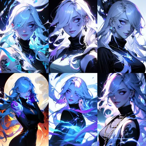 (otherworldly, otherworldly atmosphere, otherworldly appearance), highly insanely detailed, masterpiece, top quality, best quality, highres, 4k, 8k, RAW photo, (long_hair, long hair), collar, earrings, jewelry, 
(random colors cloth, random colors hair, random long hair, dynamic hair, glowing hair), 
long hair, eyelashes, eyeliner, makeup, hair over one eye, 
(dynamic pose), (dynamic weather), 
better_scar, 1girl, cracked skin, veins, female focus, burn scar, scar on nose, long hair, white hair, hair between eyes, closed mouth, solo, looking at viewer, portrait, mountain, <lora:better_scar-10:0.7>, 
(smiling at viewer), (fantasy world)