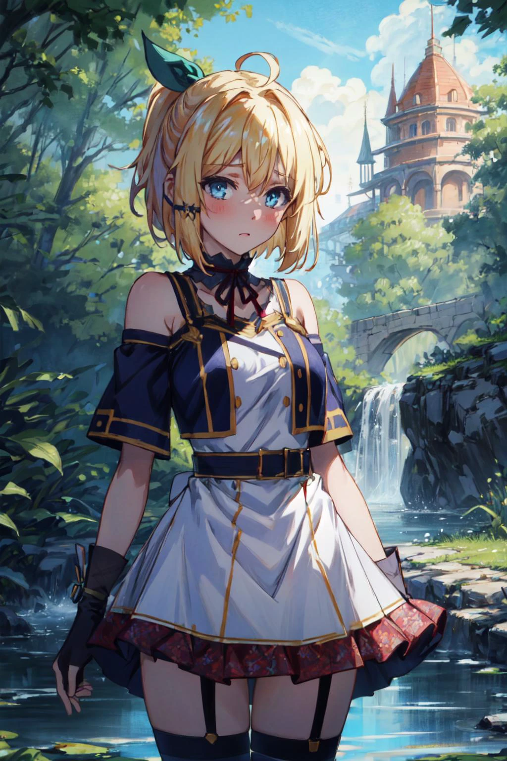 (masterpiece:1.4, best quality), (intricate details), unity 8k wallpaper, ultra detailed, (abstract art:1.2), (1girl),<lora:Akashic_Records_of_Bastard_Magic_Instructor:0.7> Rumia, blonde hair, blue eyes,, young ((female)) underboob (1girl:solo), magical witches village in background, nature, reflected light, ray tracing, delicate background, looking at viewer, blush, collarbone, off-shoulder blouse, skirt lift cameltoe, nsfw tease, black fingerless gloves, brown belt, gold trim, zettai ryouiki, (asymmetrical legwear:1.4),, (beautiful cosmic eyes), perfect lighting, perfect shading, <lora:Elixir:0.8> <lora:add_detail:0.6> <lora:NijiExpressV2:0.3>, (masterpiece, best quality, high quality, official_art, absurdres, highres), 60mm lens, bloom, depth of field, light particles, cinematic