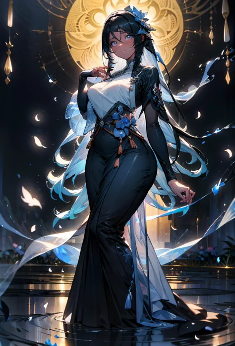 Captivating portrait of a woman with flowing (ebony:1.3) hair, dressed in see-through gown that accentuates her (hourglass:1.2) figure. She stands in a moonlit garden, surrounded by the soft glow of lanterns, as delicate flower petals gently fall around her. Expertly captured by the lens of (Renowned Photographer:1.2), (masterpiece, best quality, hires, high quality, by professional artist, ultra detailed, extremely detailed, absurdres, incredibly resolution:1.2)