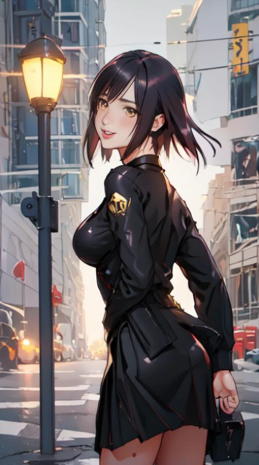 models, small smile, white dress, anime art, long hair, fickle face, perfect anatomy, wet-on-wet background technique by Misilbu. hyper detailed 8K painting, 8k concept art portrait by Greg Rutkowski Artgerm WLOP Alphonse Beeple Caravaggio, muted colors, watercolor style, TanvirTamim, mystical atmosphere, photography, perfect shading, shot on Hasselblad X1D-50c, ISO 100 sfw, best quality, ultra high resolution, super detailed face and eyes, detailed body, detailed clothes, kodak portra 400, (photorealistic: 1.4), beautiful lady in the city, detailed background (street in the city: 1.2), (black shirt: 1.4), (black skirt: 1.5), leather skirt, (black hair: 1.4), looking back, smiling, blush, narrow waist, brown eyes, <lora :aigirl :0. 6>, professional light, face focus, (face light), <lora:Papico-KJ-10:1>