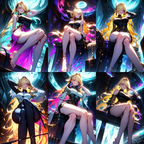 (otherworldly, otherworldly atmosphere, otherworldly appearance), highly insanely detailed, masterpiece, top quality, best quality, highres, 4k, 8k, RAW photo, (long_hair, long hair), collar, earrings, jewelry,
(random colors cloth, random colors hair, random long hair, dynamic hair, glowing hair),
long hair, eyelashes, eyeliner, makeup, hair over one eye,
(dynamic pose), (dynamic weather),
<lora:hinaMaybeBetterPose_v2:0.8>,
A girl is wearing a pink transparent dress, with a figure that resembles a model,
((different clothes)), (Petite), (low angle, shot from below:1.2, shot from feet:1.2), (random pose, posing to viewer), portrait photo of a 18 years old blonde woman, wearing shorts, (large hanging breasts), beautiful face, perfect eyes, brown hair, sitting, legs, skinny legs,
(smiling at viewer), (fantasy world)