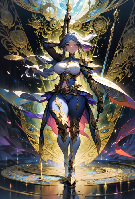 The Ultimate Warrior Princess stands tall in the center of the image, exuding strength and grace. Clad in ornate armor and wielding a diamond-encrusted sword, she is surrounded by fantastical scenery rendered in hypermaximalist detail. The artwork fuses elements of Art Nouveau, Baroque, and Rococo in a groundbreaking and breathtaking masterpiece that inspires a sense of awe and wonder, (masterpiece, best quality, hires, high quality, by professional artist, ultra detailed, extremely detailed, absurdres, incredibly resolution:1.2)