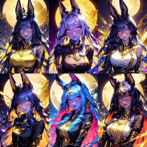 (otherworldly, otherworldly atmosphere, otherworldly appearance), highly insanely detailed, masterpiece, top quality, best quality, highres, 4k, 8k, RAW photo, (long_hair, long hair), collar, earrings, jewelry,
(random colors cloth, random colors hair, random long hair, dynamic hair, glowing hair),
long hair, eyelashes, eyeliner, makeup, hair over one eye,
(dynamic pose), (dynamic weather), (dynamic background), nsfw,
1girl, (portrait:1.2),
moon, night, ((ancient egyptian theme)), (anubis ears), (gold), golden ornaments,
jyr1 a woman, light eye makeup, looking at the viewer, upper body photo, black longsleeves, at the streets, <lora:httpyuri-000010:1:lbw=FACES>, (fantasy world)