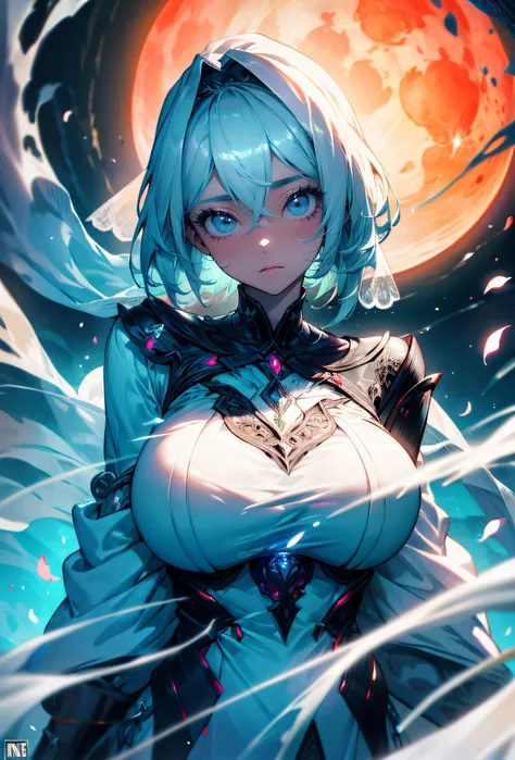 Strong female, big breasts, green eyes, short silver hair, white robe, fov, f/1. 8, masterpiece, (veil, mouth veil), blood moon, night, flower petals flying, front portrait shot, side light, moonlight shining on people, 8K, (masterpiece, best quality, hires, high quality, by professional artist, ultra detailed, extremely detailed, absurdres, incredibly resolution:1.2)