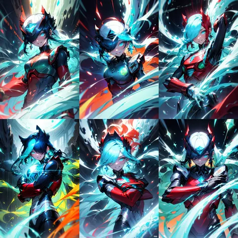 (otherworldly, otherworldly atmosphere, otherworldly appearance), highly insanely detailed, masterpiece, top quality, best quality, highres, 4k, 8k, RAW photo, (long_hair, long hair), collar, earrings, jewelry,
(random colors cloth, random colors hair, random long hair, dynamic hair, glowing hair),
long hair, eyelashes, eyeliner, makeup, hair over one eye,
(dynamic pose), (dynamic weather),
digital artwork, <lora:Detail - add_detail:0.2>, 1boy, android, XRockman, blue helmet, green eyes, red crystal, blue armor, <lora:Zero_MegaMan_X_V-09:0.9>, colosseum, upper body,
(smiling at viewer), (fantasy world)
