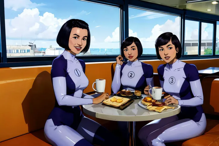 (3 women),sitting, inside a diner, booth seating, table, table full of food, pancakes, eggs, waffles, coffee mug, window, blue sky, masterpiece, high quality,
kate, short hair,bob cut, black eyes,skin tight bodysuit,"2", looking at viewer,  <lora:DKate3-10N3:.7>