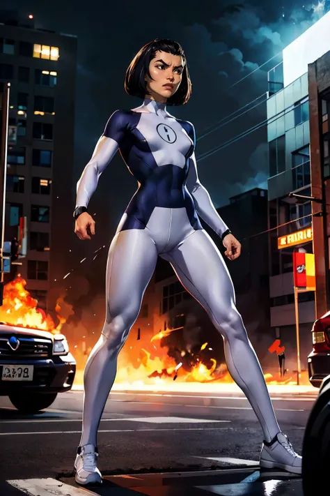 kate, short hair,bob cut, black eyes,skin tight bodysuit,"1", looking serious, angry, full body shot, fighting pose, outside, city, street, apocalypse, fire, ember,  high quality, masterpiece, <lora:DKate:.7>