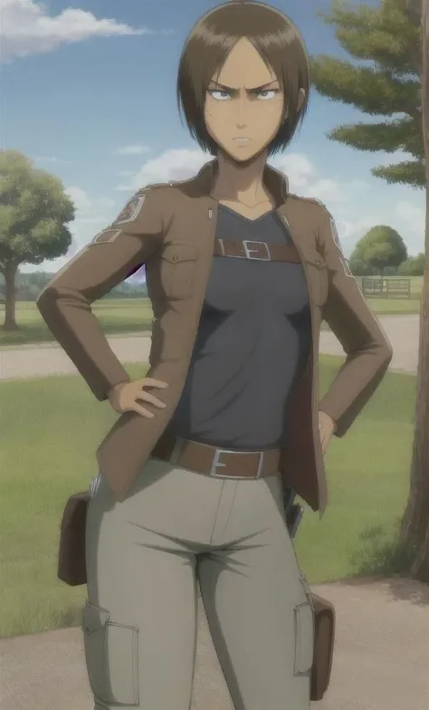Ymir,freckles, medium breasts, Upper body, hands on hips, serious face, looking at viewer, black eyes, Brown jacket, wide hips, grey shirt, outdoors, park, <lora:181860:1>, short Hair,