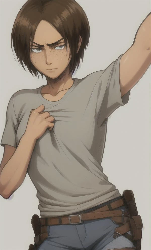 <lora:181860:1>,freckles,Ymir, medium breasts, serious face, 1girl, white background, tomboy,Upper body,grey eyes,arms down,  standing,grey shirt, standing,arms down, short Hair,