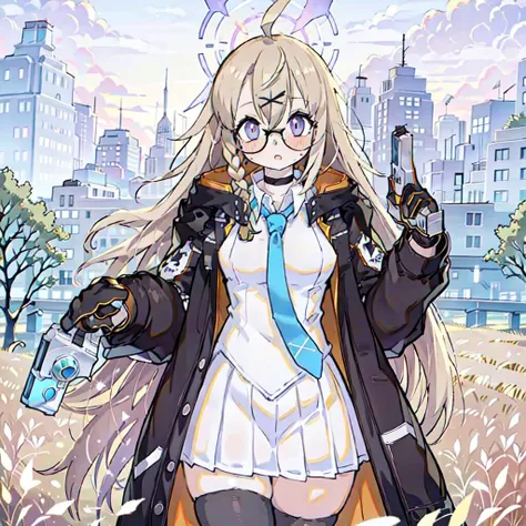 illustration, comic, anime, catoon,masterpiece, high quality best quality,8k,4k,(masterpiece),
,1girl, photo background, facing viewer, ahoge, purple halo,semi-rimless eyewear, short pleated skirt, white skirt,black thighhighs, tabard, long hair, (asian), long jacket,blue tie,bangs, ((Bare breast)),holding a gun
backlighting, golden time,wheat field, warm color,very wide shot, <lora:kotamachan_20230608223518:1>