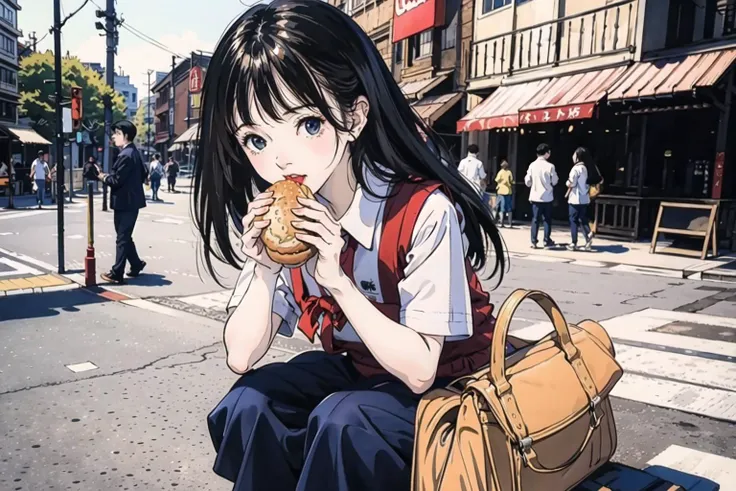 (masterpiece, best quality, extremely detailed CG, ultra-detailed, intricate details, full body, from front :1.2), 8k wallpaper, elaborate features
, (ultra wide shot , long shot, angle of inclination from the front and from below : 1.4)
, 1girl, slow life , school uniform, short skirt, black hair, dynamic hair style
, (sitting sidewalk , eating hamburger  holding by hand: 1.3), looking at sky
, centered city, city scape, tokyo, people, clear sky, nice sky, people