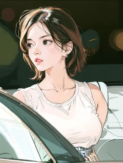 <lora:fashionGirl_v50:0.66>, (masterpiece:1.4), (best quality:1.4), realistic, 1gril, solo, ((light brown hair)), hair ornament, long hair, balack eyes, collarbone, portrait, red lips, parted lips, (((((cleavage, pleated skirt))))), small breasts, blue nails, necklace, earrings, fashi-girl, looking at viewer, professional light, night, rain, (((in car))),(((Driving position)))