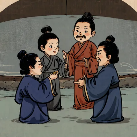 [l4XQ?c:999],masterpiece,hires,8K,best quality,msposter, shuimoercha,
multiple boys, black hair, smile, chinese clothes, grin, facial hair, long sleeves, mustache, hair bun, black eyes, pointing, standing, single hair bun, robe, open mouth, looking at another, male focus, topknot, wide sleeves, teeth, hand on hip, hanfu, 4boys, short hair, male child, pants, black footwear, child, holding, blush stickers, index finger raised, profile, 
<lora:000_aiMeishi_shuimoercha_vOO-08:0.8>