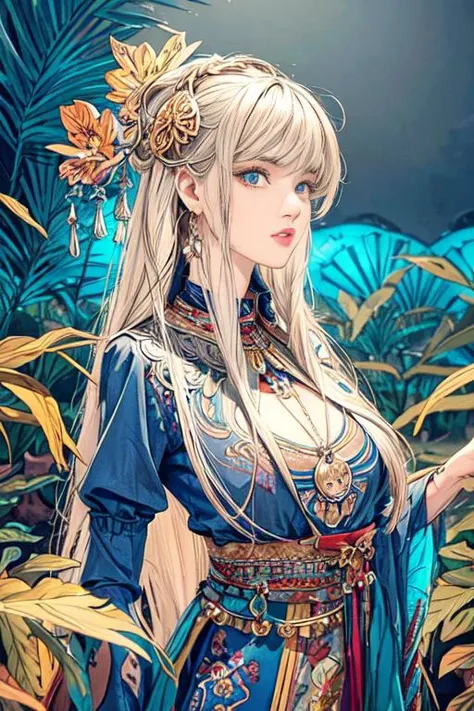 (nsfw), (masterpiece, best quality), (fractal art:1.3), (cowboy shot:1.2), (1girl), rich, charming, delicate, shy, long platinum blonde hair, colorful hair ornament, colorful earrings, detailed blue eyes, detailed perfect face, detailed colorful clothes, highly detailed, cinematic lighting, intricate details, (specular light:1.5), colorful, glowing, shiny, depth of field, colorful flower, garden, reflective pond, colorful garden, <lora:add_detail:0.7>