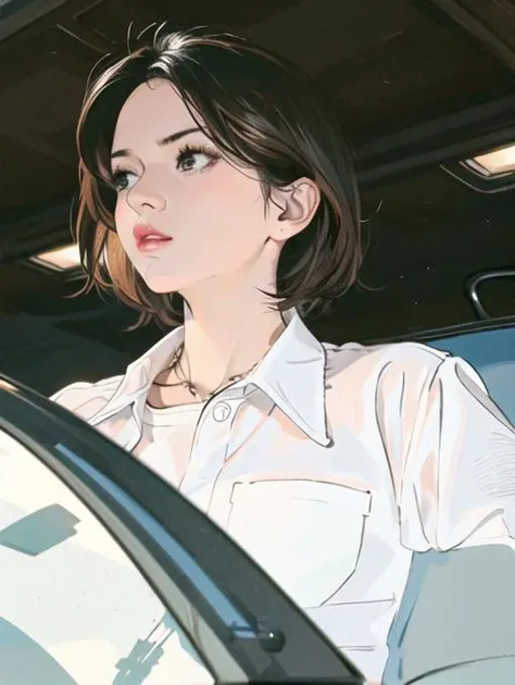 <lora:fashionGirl_v50:0.66>,  (masterpiece:1.4), (best quality:1.4), realistic, 1gril, solo, ((light brown hair)), hair ornament, long hair, balack eyes, looking at viewer,collarbone, portrait, red lips, parted lips, (((((cleavage, pleated skirt))))), small breasts, blue nails, necklace, earrings, fashi-girl, looking at viewer, professional light, night, rain, (((in car))),(((Driving position)))