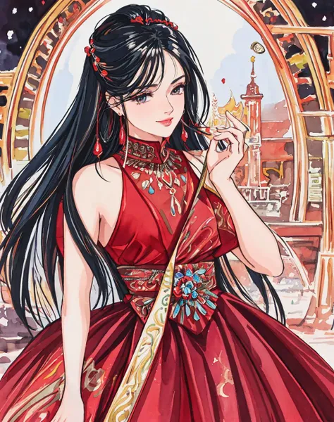 masterpiece,4K,best quality,absurdres, white background ,smiling,(masterpiece, top quality, best quality, official art, beautiful and aesthetic:1.2), extreme detailed, colorful, highest detailed, (watercolour painting:1.3), optical mixing, playful patterns, lively texture, rich colors, unique visual effect, (masterpiece, top quality, official art), (light painting), (long exposure:1.2), dynamic streaks, extreme detailed, black paintings, red and black, candid moments captured, slumped, draped,
hc_gown, a woman wearing a chic blue dress decorated with shiny jewels, cowboy shot,wearing hc_gown
<lora:edgHC_GOWN:0.75>