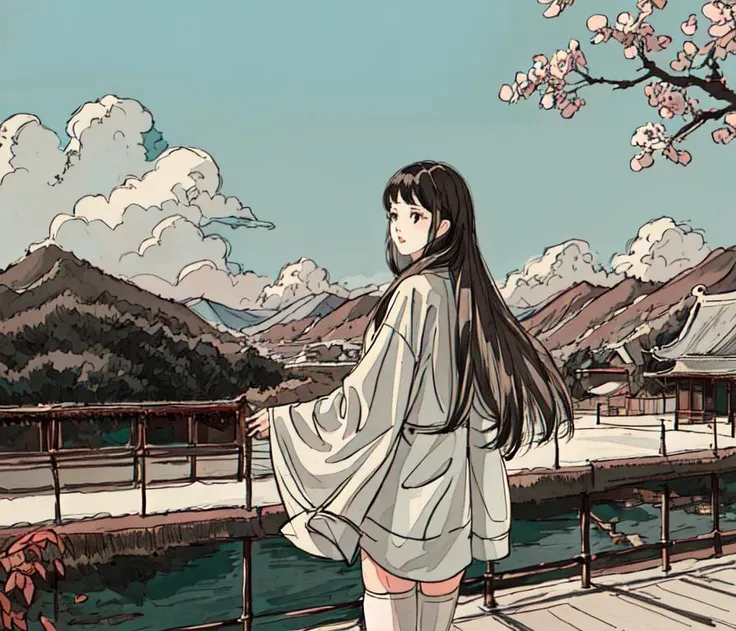 1girl, thighhighs, tree, long_hair, solo, from_behind, fence, railing, architecture, east_asian_architecture, scenery, bridge, mountain, white_legwear, outdoors, bare_tree, facing_away, day,clouds,
((masterpiece)), (((best quality))), ((ultra-detailed)), ((illustration)),