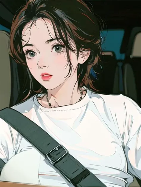 <lora:fashionGirl_v50:0.66>, (masterpiece:1.4), (best quality:1.4), realistic, 1gril, solo, ((light brown hair)), hair ornament, long hair, balack eyes, looking at viewer,collarbone, portrait, red lips, parted lips, (((((cleavage, pleated skirt))))), small breasts, blue nails, necklace, earrings, fashi-girl, looking at viewer, professional light, night, rain, (((in car))),(((Driving position)))