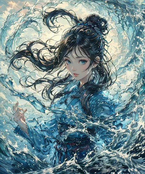 haifeisi,1girl,solo,long hair,black hair,water,realistic,chinese clothes,black eyes,waves,lips,long sleeves,upper body,splashing,hair bun,watermark,
Best quality,masterpiece,ultra high res,<lora:20240122-1705924259525-0015:0.65>,