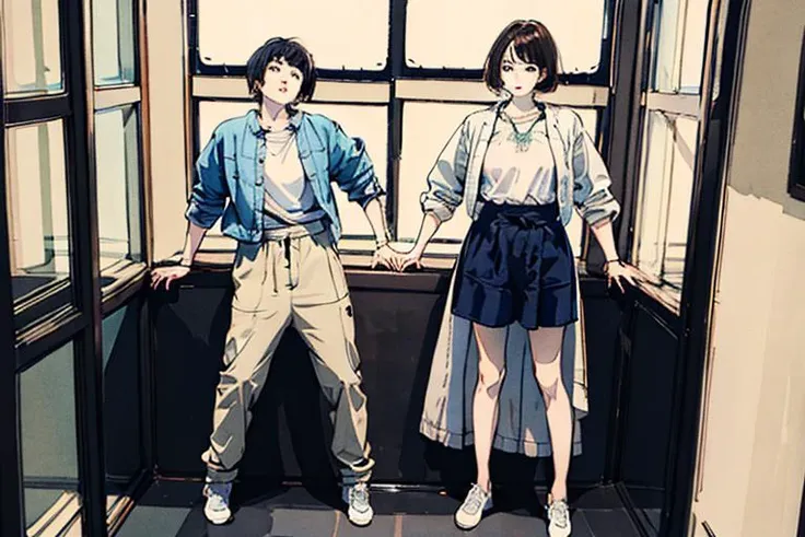 ((masterpiece)),(((best quality))),illustration,2girl,stand on the glass