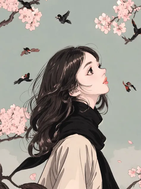 1girl, bird, black eyes, black hair, blurry, blurry background, cherry blossoms, lips, long-tailed tit, looking up, medium hair, profile, scarf, solo, tit (bird) , ((masterpiece))