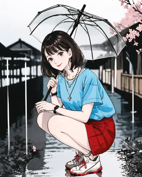 1girl, animal, bird, blurry, blurry background, brown eyes, brown hair, cherry blossoms, dog, full body, holding, holding umbrella, jewelry, looking up, medium hair, necklace, rain, shiba inu, shoes, short sleeves, smile, sneakers, solo, squatting, transparent, transparent umbrella, umbrella, watch, wristwatch , ((masterpiece))