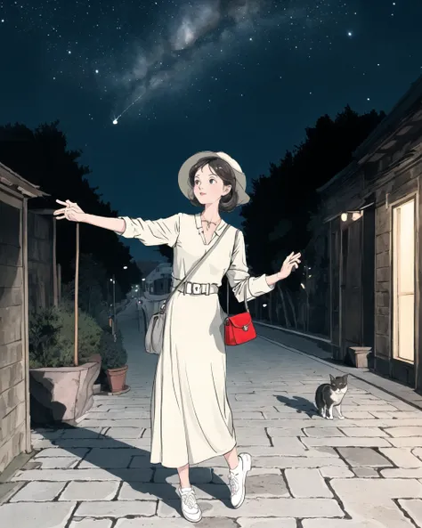 1girl, architecture, bag, building, cat, evening, full body, handbag, night, night sky, outdoors, outstretched arm, road, road sign, scenery, sign, sky, solo, standing, stone floor, street, white footwear, window , ((masterpiece))