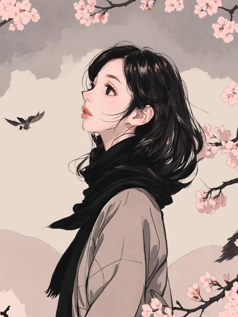 1girl, bird, black eyes, black hair, blurry, blurry background, cherry blossoms, lips, long-tailed tit, looking up, medium hair, profile, scarf, solo, tit (bird) , ((masterpiece))