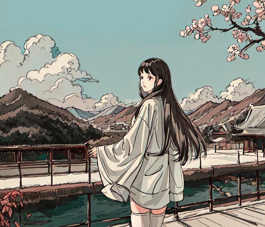 1girl, thighhighs, tree, long_hair, solo, from_behind, fence, railing, architecture, east_asian_architecture, scenery, bridge, mountain, white_legwear, outdoors, bare_tree, facing_away, day,clouds,
((masterpiece)), (((best quality))), ((ultra-detailed)), ((illustration)),