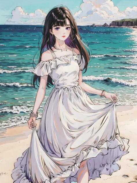 1girl,highres, high quality, masterpiece, mxmk_whitedress ,purple eyes, white dress, beach ,long hair, sea