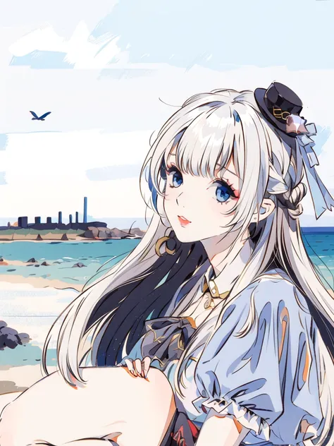 1girl, masterpiece, best quality, RheaSummer, hat , beach , white hair