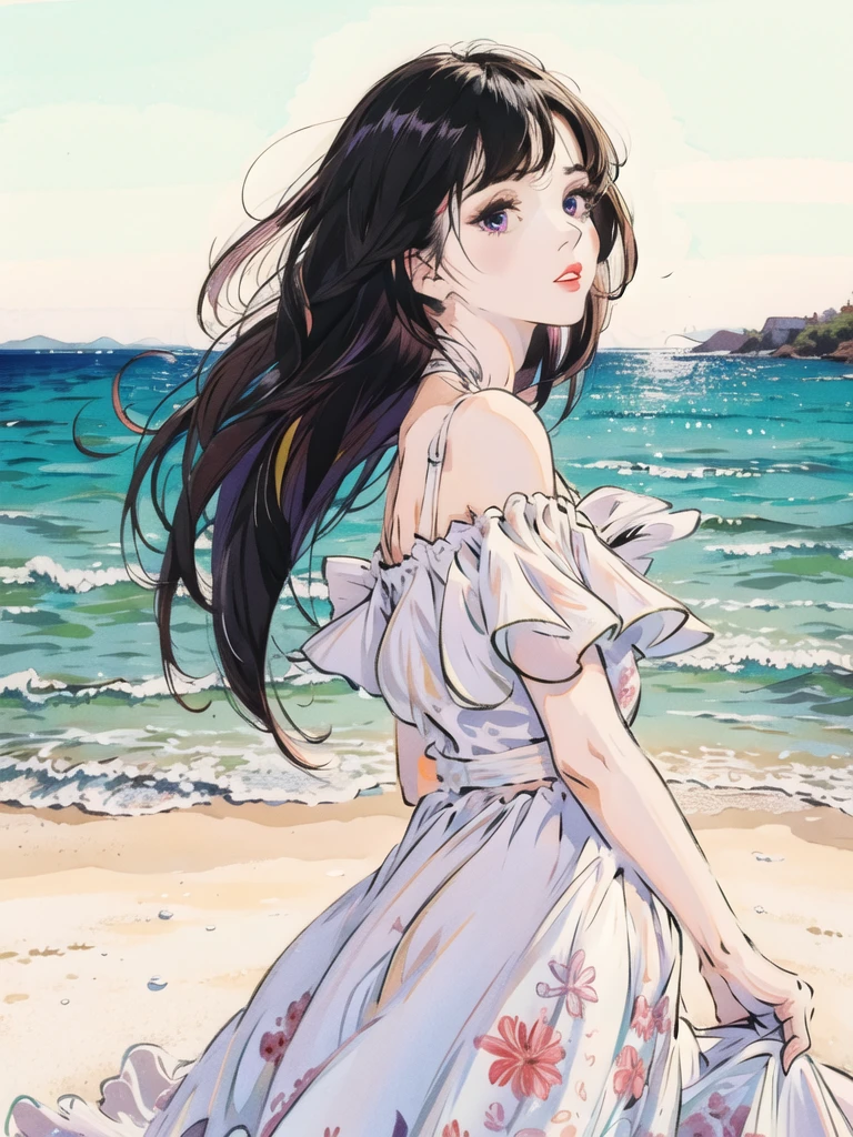 1girl,highres, high quality, masterpiece, mxmk_whitedress ,purple eyes, white dress, beach ,long hair, sea