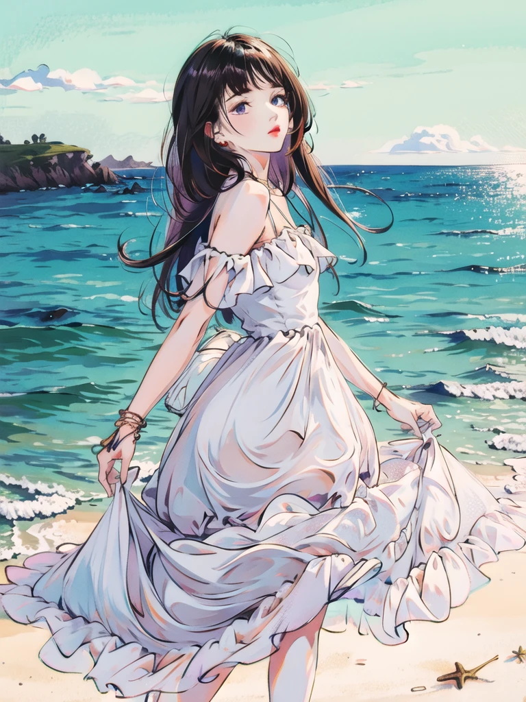 1girl,highres, high quality, masterpiece, mxmk_whitedress ,purple eyes, white dress, beach ,long hair, sea