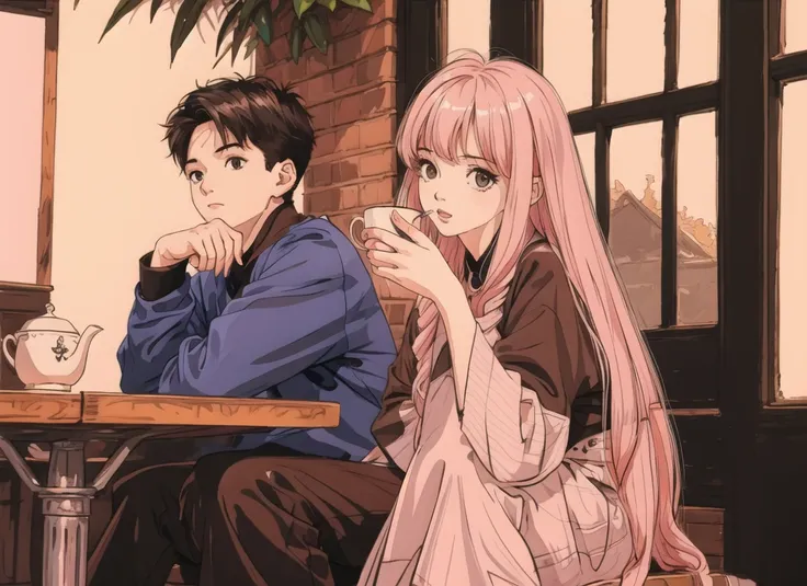 1girl  and 1boy, sitting,
AND 1girl and 1boy,sitting,  tea,(1boy short white hair:1.2)
AND 1gir and 1boy,sitting, tea,(1girl long pink hair:1.2)