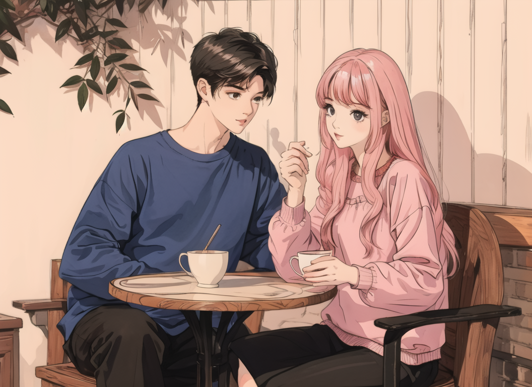 Anime couple sitting at a table with a cup of coffee - SeaArt AI