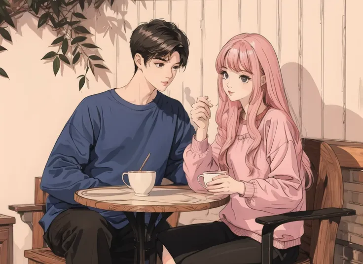 1girl  and 1boy, sitting,
AND 1girl and 1boy,sitting,  tea,(1boy short white hair:1.2) 
AND 1gir and 1boy,sitting, tea,(1girl long pink hair:1.2)